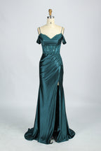 A mannequin displays a rose - gold satin gown. It has thin straps, off - shoulder lace - detailed sleeves, a ruched bodice, and a high side slit. The elegant design, blending satin and lace, suits formal events like galas or weddings.8