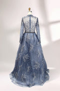 Dusty blue sheer high-neck mother-of-the-bride gown with long sleeves and beadwork
