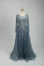 Beaded Long Sleeve Slate Blue A-Line Mother of the Bride Dress MC106