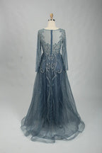 Beaded Long Sleeve Slate Blue A-Line Mother of the Bride Dress MC106