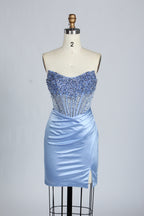 Wholesale Light Blue Sequin Strapless Satin Homecoming Dress KT1436S