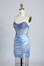 Wholesale Light Blue Sequin Strapless Satin Homecoming Dress KT1436S