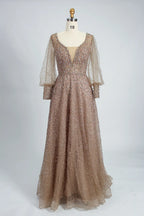 Beaded A-Line Mother of the Bride Dress with Long Bishop Sleeves MK136