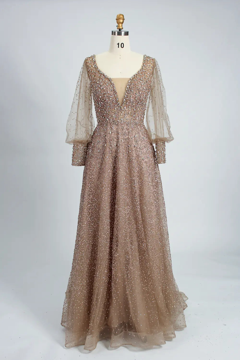 Beaded A-Line Mother of the Bride Dress with Long Bishop Sleeves MK136