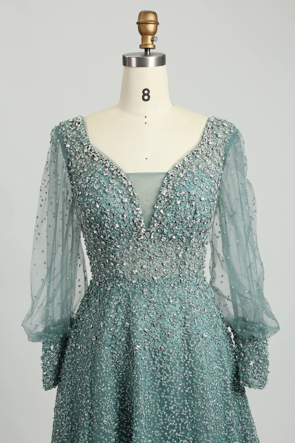 Beaded A-Line Mother of the Bride Dress with Long Bishop Sleeves MK136