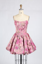 Wholesale Pink Floral Brocade Strapless Homecoming Dress 33411