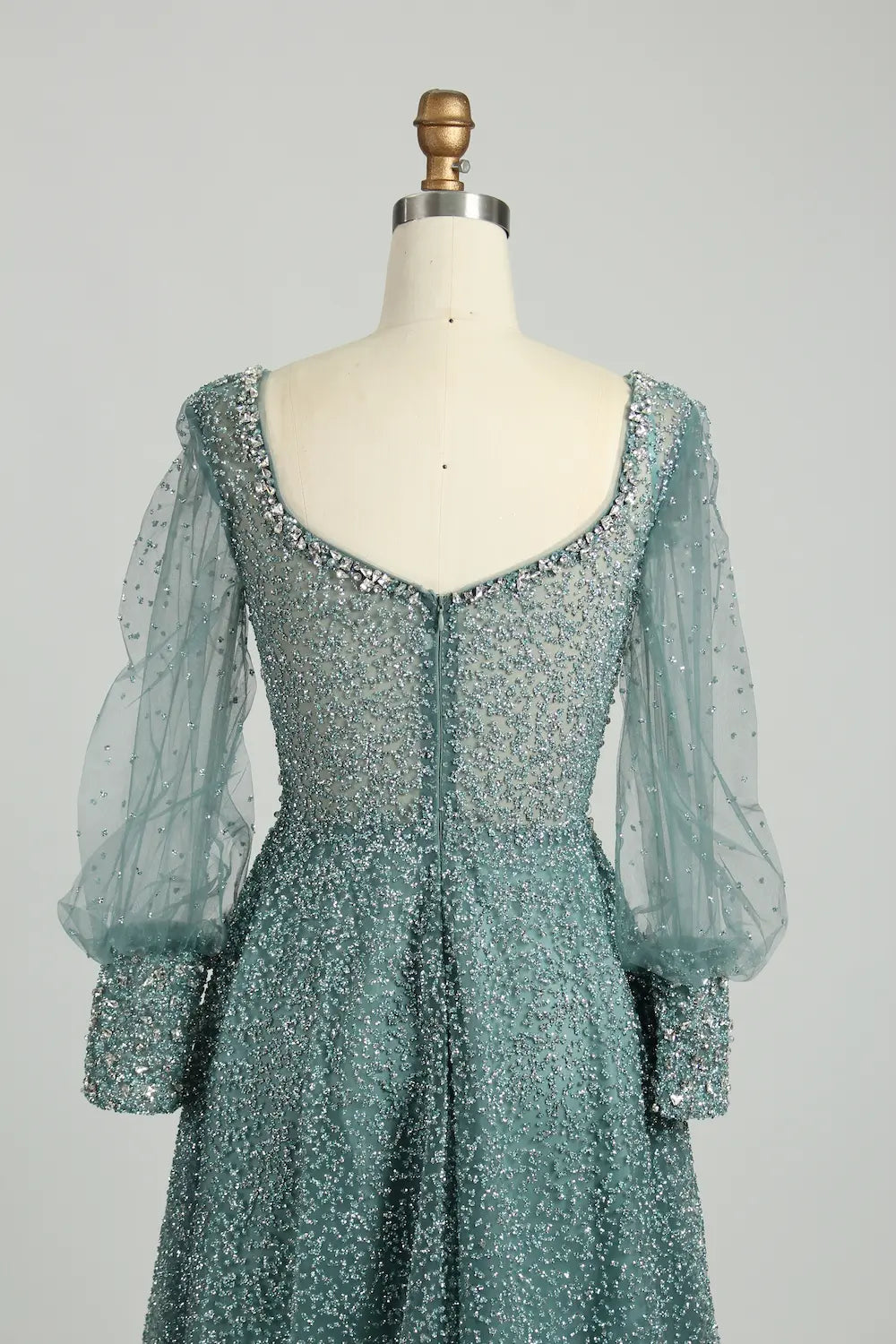 Beaded A-Line Mother of the Bride Dress with Long Bishop Sleeves MK136