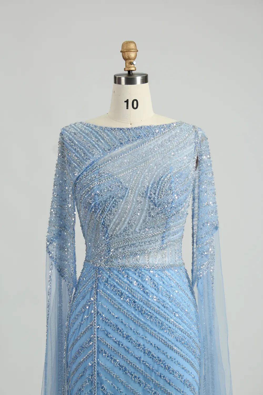 Light Blue Sequin Boat Neck Long Sleeve Mother of the Bride Dress MK126