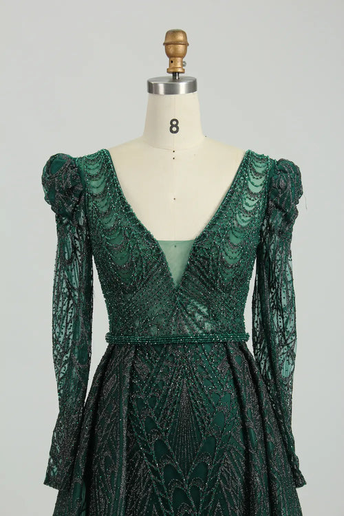 Dark green sparkling V-neck bodice with long puff sleeves and fitted waist