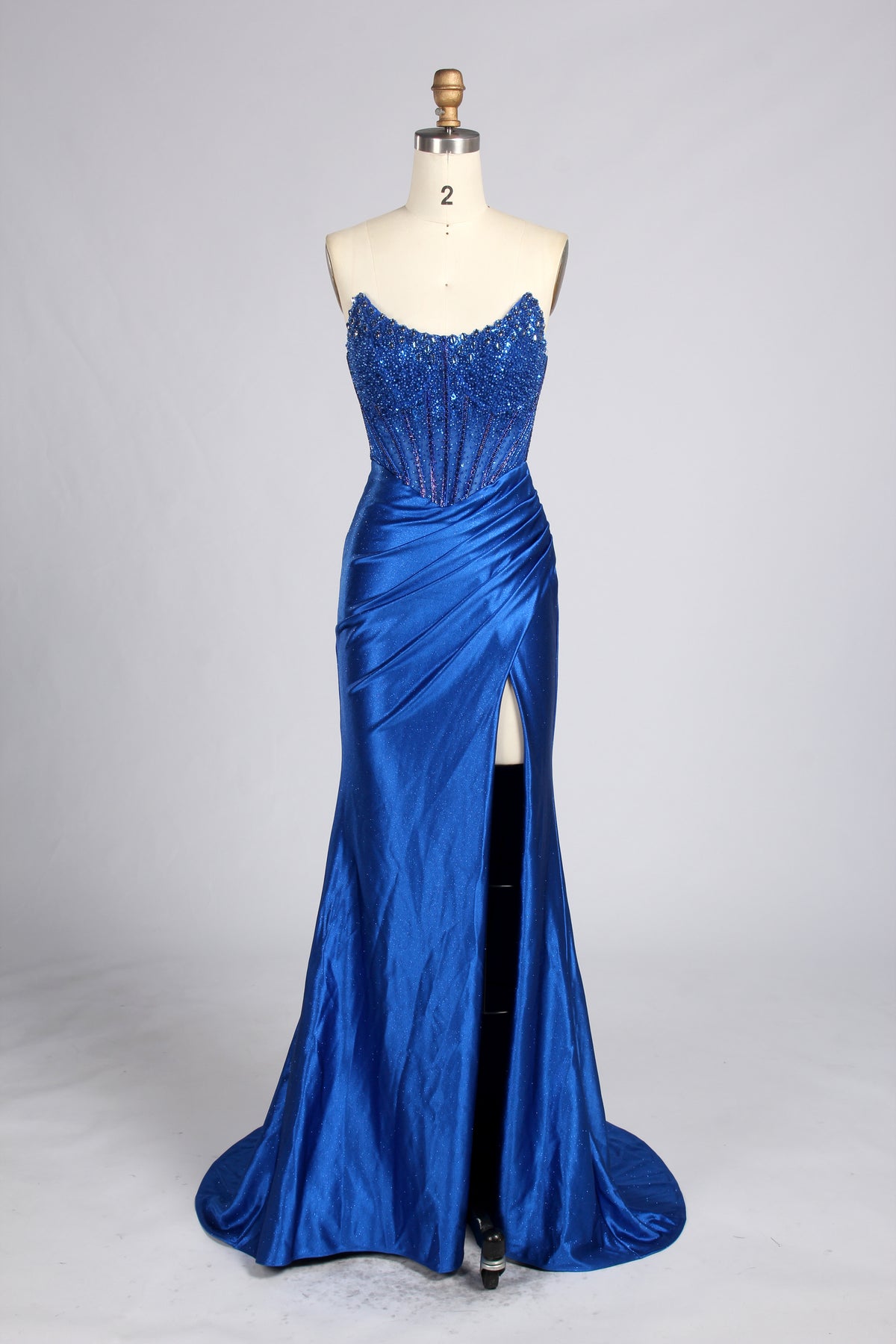 Royal blue strapless beaded corset mermaid prom dress with side slit