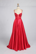 Wholesale Red Spaghetti Strap Beaded Corset Satin Prom Dress 33384