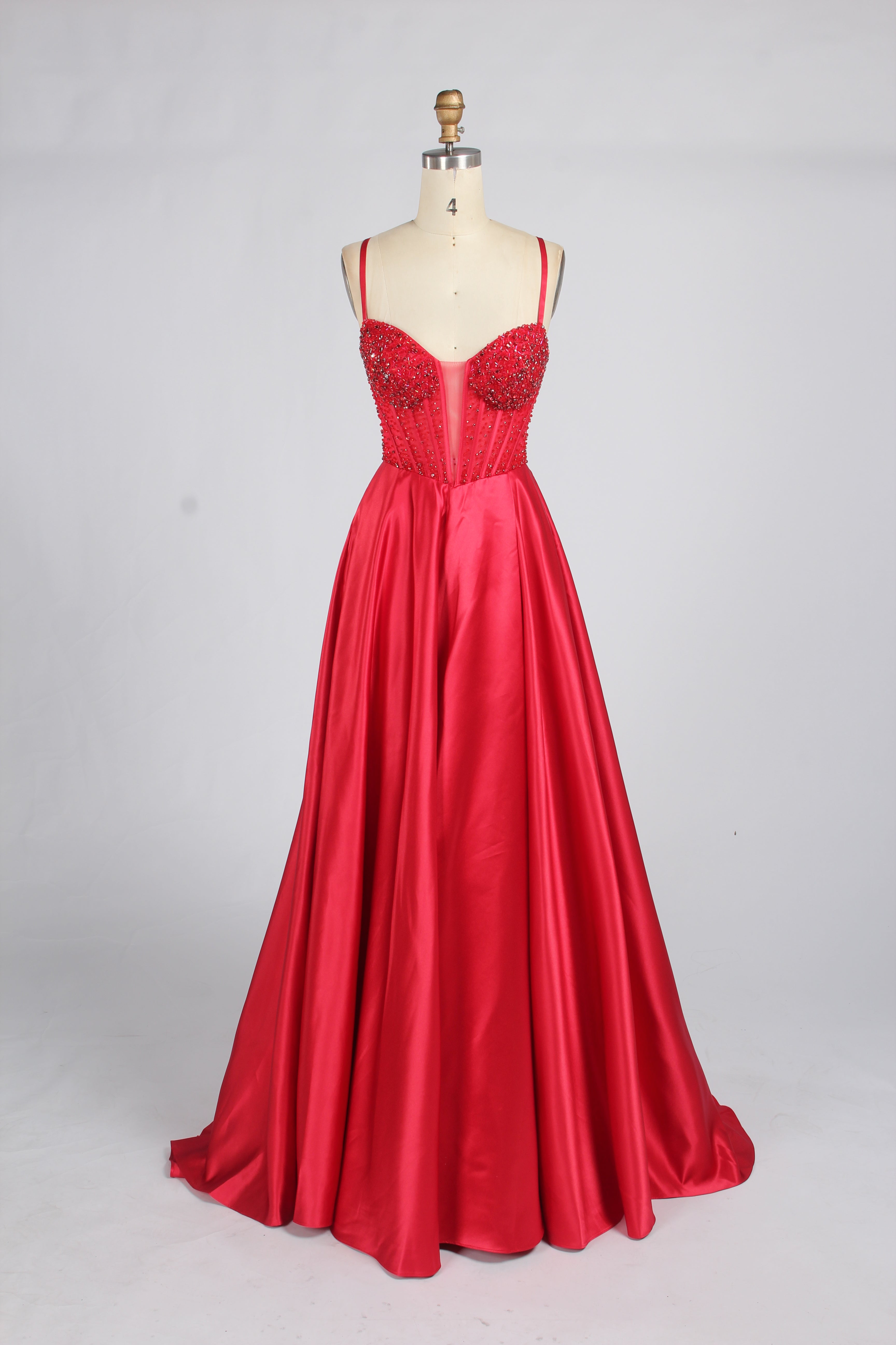 Wholesale Red Spaghetti Strap Beaded Corset Satin Prom Dress 33384