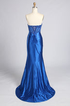 Royal blue strapless beaded corset mermaid prom dress with ruched bodice