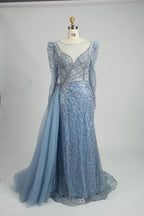 Light blue long-sleeve mermaid gown with sweetheart neckline and shimmering beaded lace