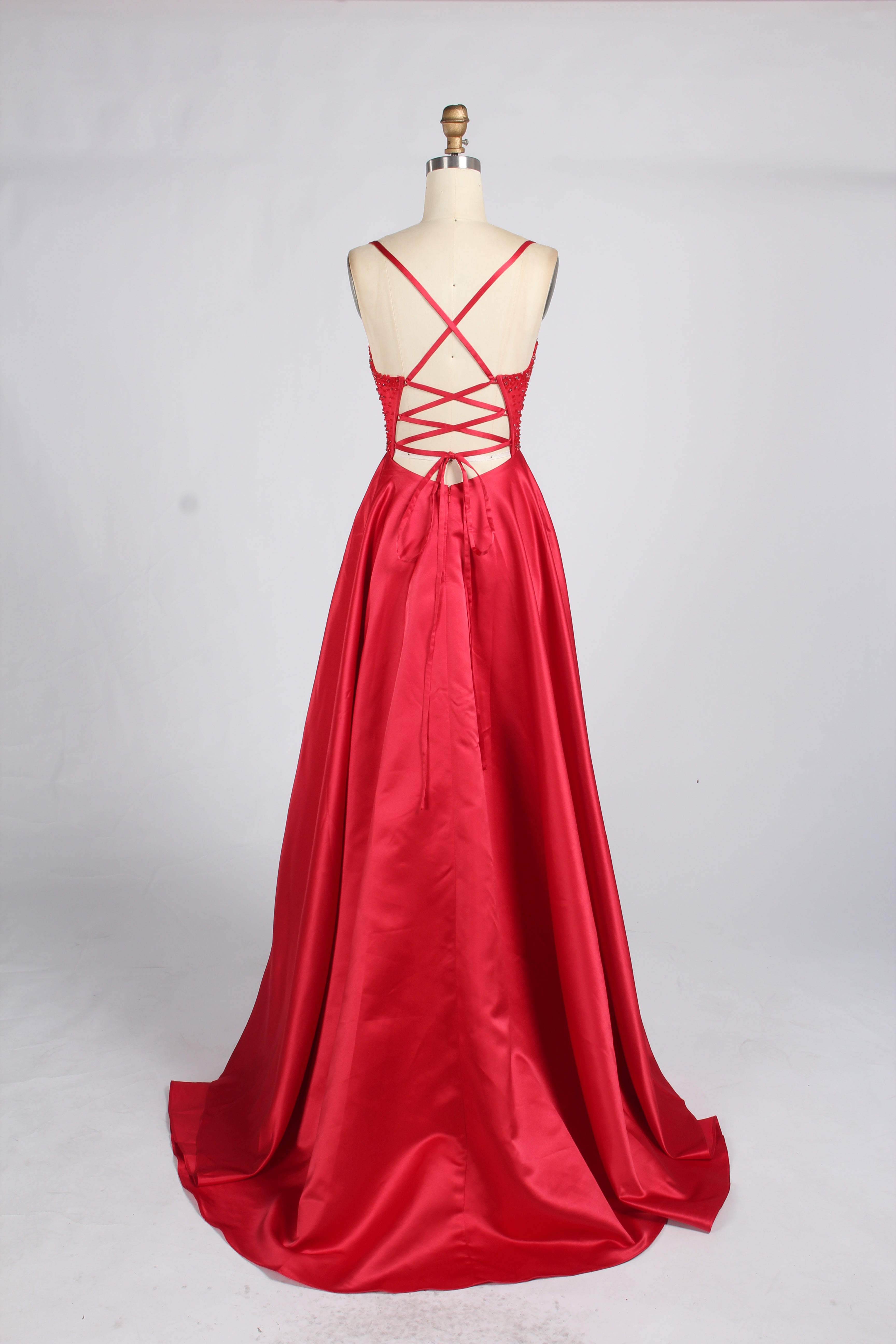 Wholesale Red Spaghetti Strap Beaded Corset Satin Prom Dress 33384