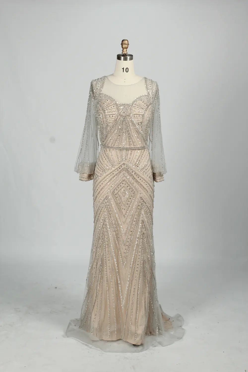 Taupe Embellished Fit-and-Flare Mother of the Bride Dress with Long Sleeves MC084