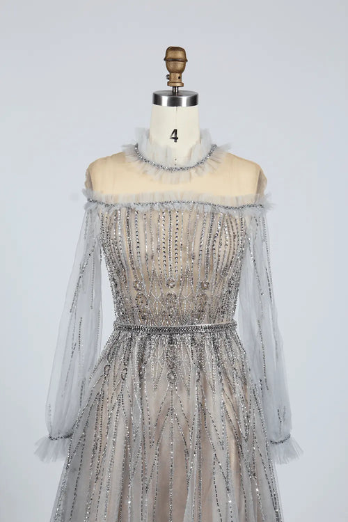 Beaded Off-Shoulder A-Line Mother of the Bride Dress with Sheer Sleeves MC048