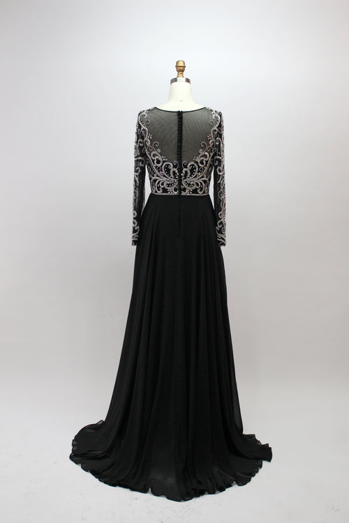 Black Illusion High Neckline Beaded A-Line Evening Dress 32540-1