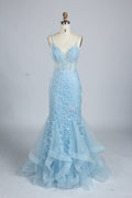 Wholesale Light Blue Embroidered Tulle Mermaid Prom Dress 33277
