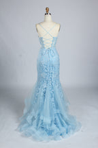 Wholesale Light Blue Embroidered Tulle Mermaid Prom Dress 33277