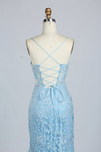 Wholesale Light Blue Embroidered Tulle Mermaid Prom Dress 33277
