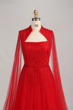 Beaded High Neck Red A-Line Mother of the Bride Dress with Cape Sleeves KS039