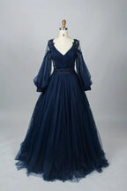 V-Neck Embellished A-Line Mother of the Bride Dress with Balloon Sleeves MK086