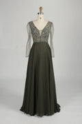 V-Neck Beaded Long Sleeves A-Line Chiffon Mother of the Bride Dress KS055
