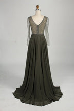 V-Neck Beaded Long Sleeves A-Line Chiffon Mother of the Bride Dress KS055