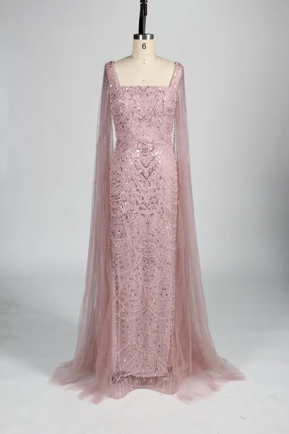 Beaded Mermaid Mother of the Bride Dress with Long Sheer Cape Sleeves KY046