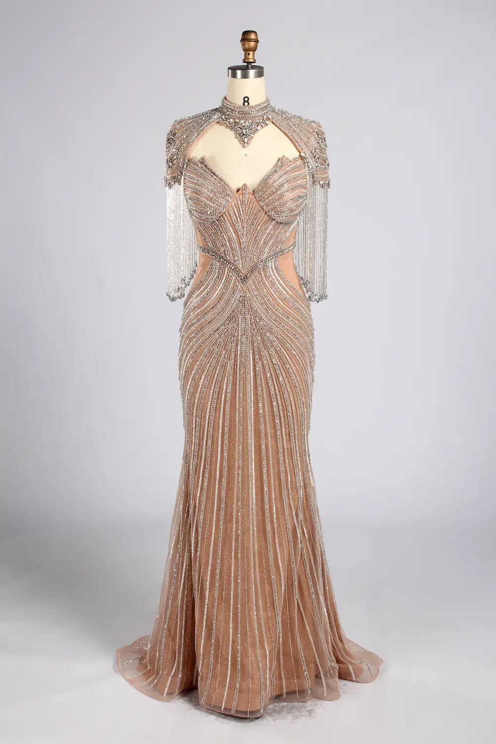 Luxurious Beaded Champagne Nude High-Neck Mother of the Bride Mermaid Gown MC179