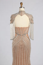 Luxurious Beaded Champagne Nude High-Neck Mother of the Bride Mermaid Gown MC179