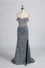 Wholesale Silver Sequin Off - Shoulder Evening Gown with Crystal Bodice 33322