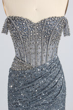 Wholesale Silver Sequin Off - Shoulder Evening Gown with Crystal Bodice 33322