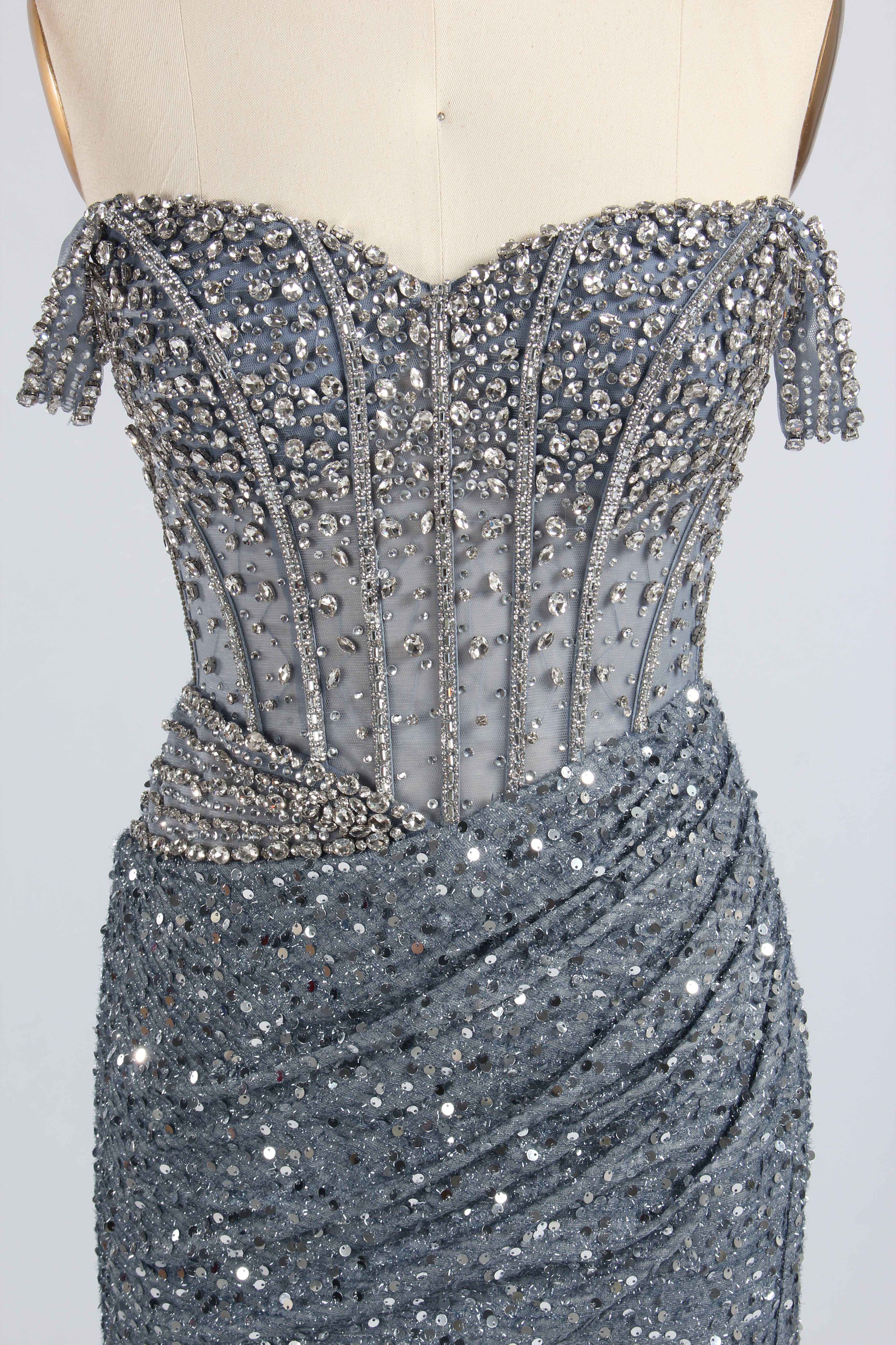 Wholesale Silver Sequin Off - Shoulder Evening Gown with Crystal Bodice 33322