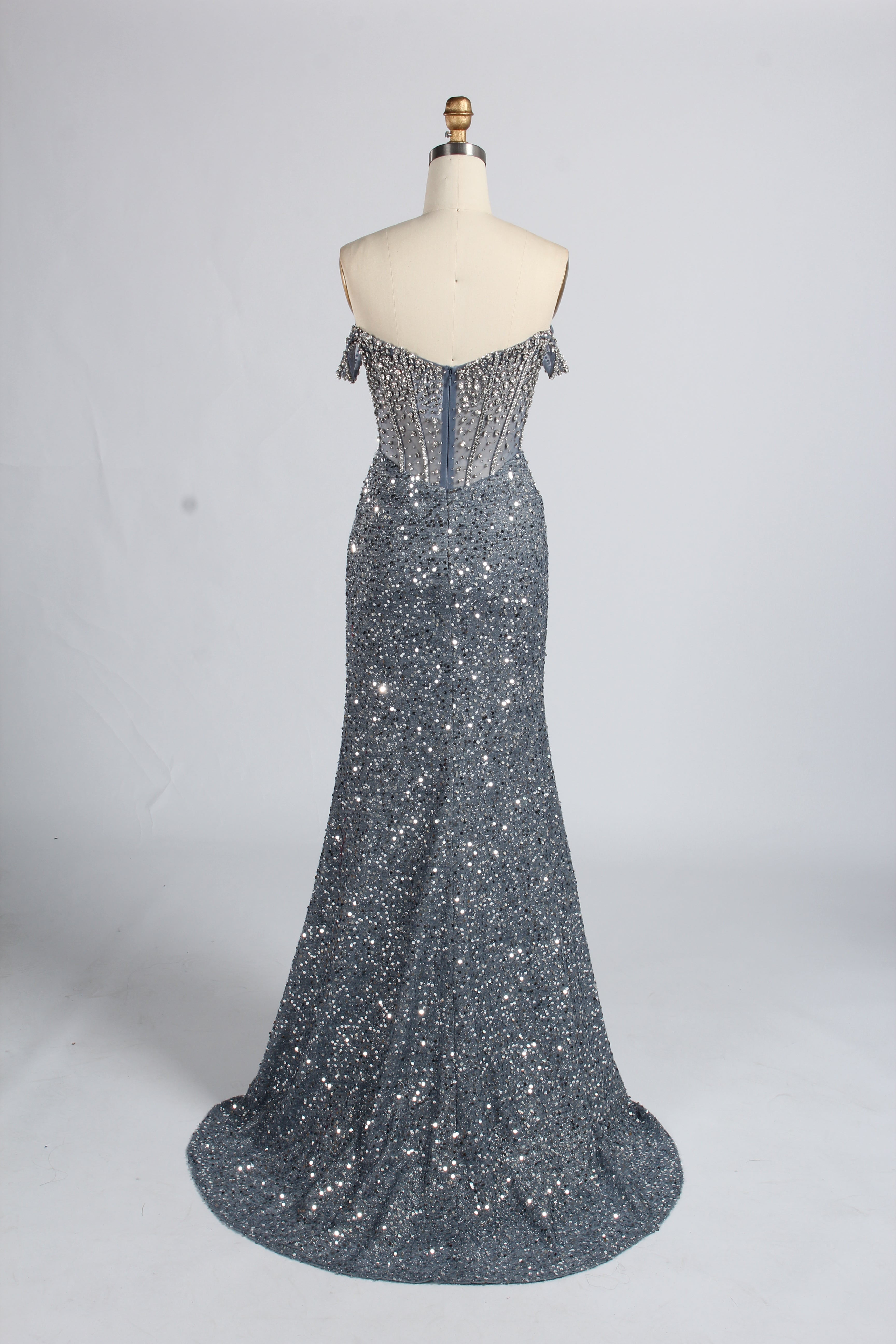 Wholesale Silver Sequin Off - Shoulder Evening Gown with Crystal Bodice 33322