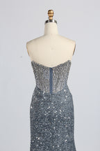 Wholesale Silver Sequin Off - Shoulder Evening Gown with Crystal Bodice 33322