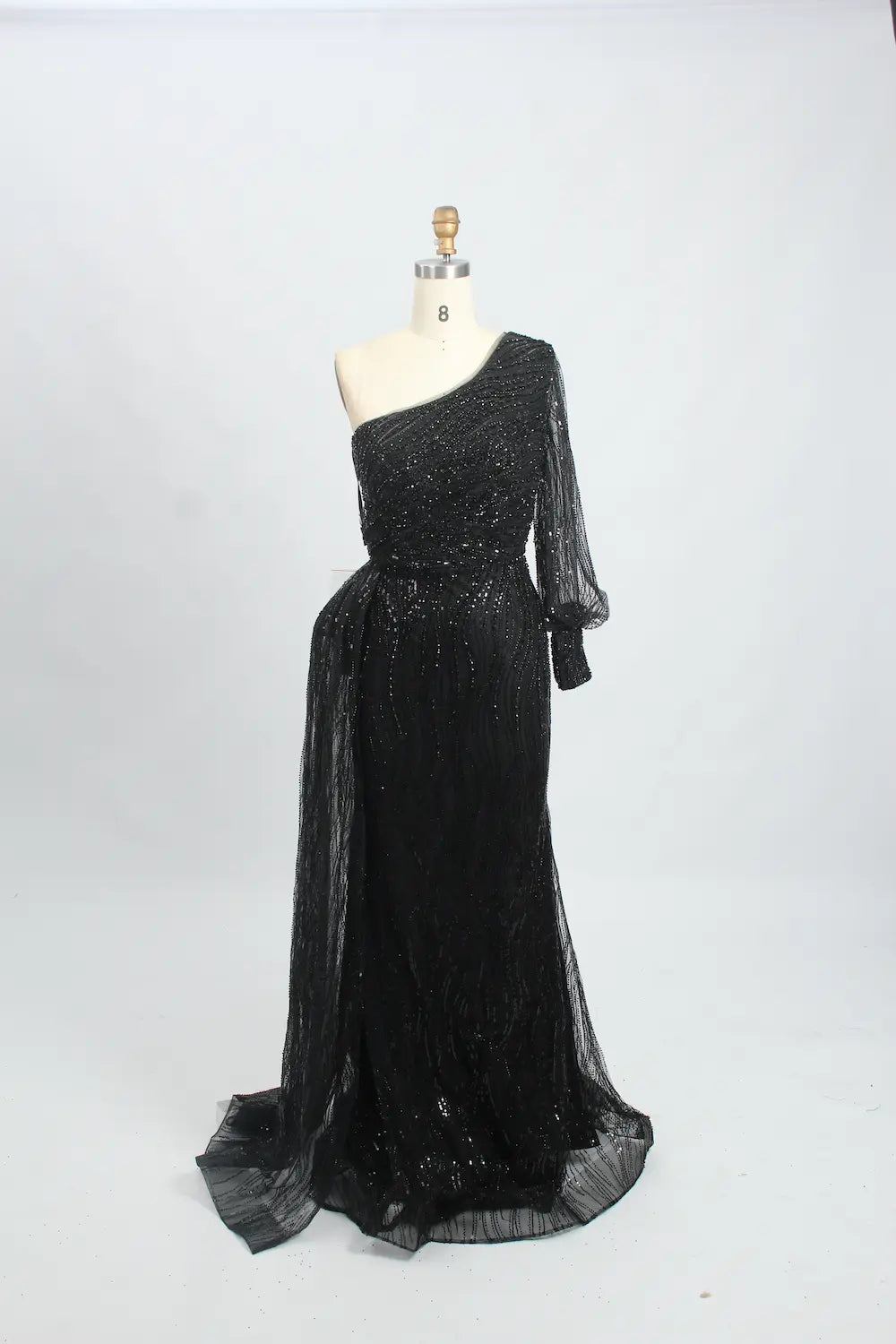 Slate Blue Draped Fit-and-Flare Mother of the Bride Dress with a Draped Sleeve MK100