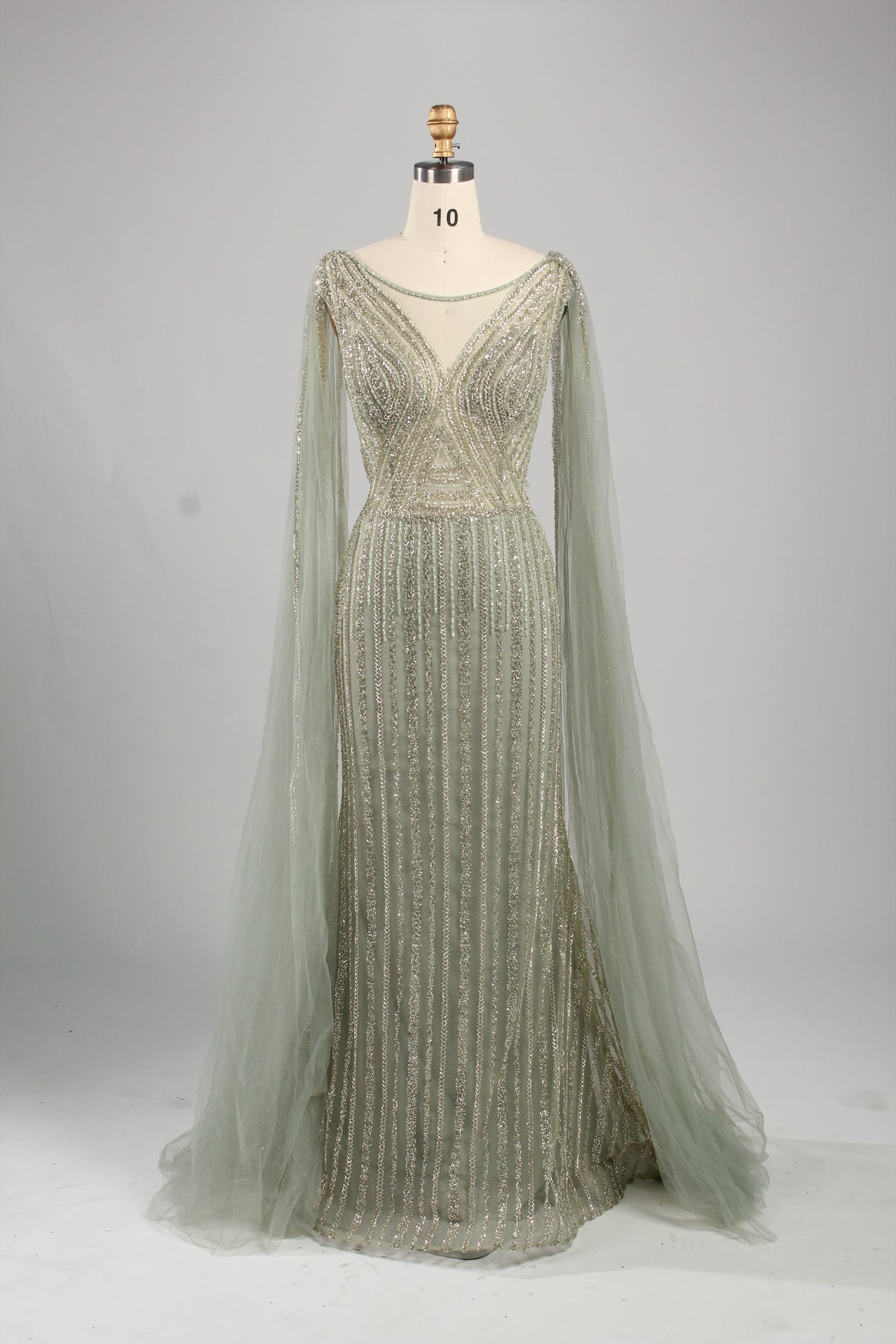 Sequin evening gown with cape sleeves, V-neck bodice, mermaid silhouette, pale sage