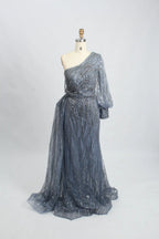Slate Blue Draped Fit-and-Flare Mother of the Bride Dress with a Draped Sleeve MK100
