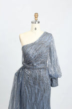 Slate Blue Draped Fit-and-Flare Mother of the Bride Dress with a Draped Sleeve MK100