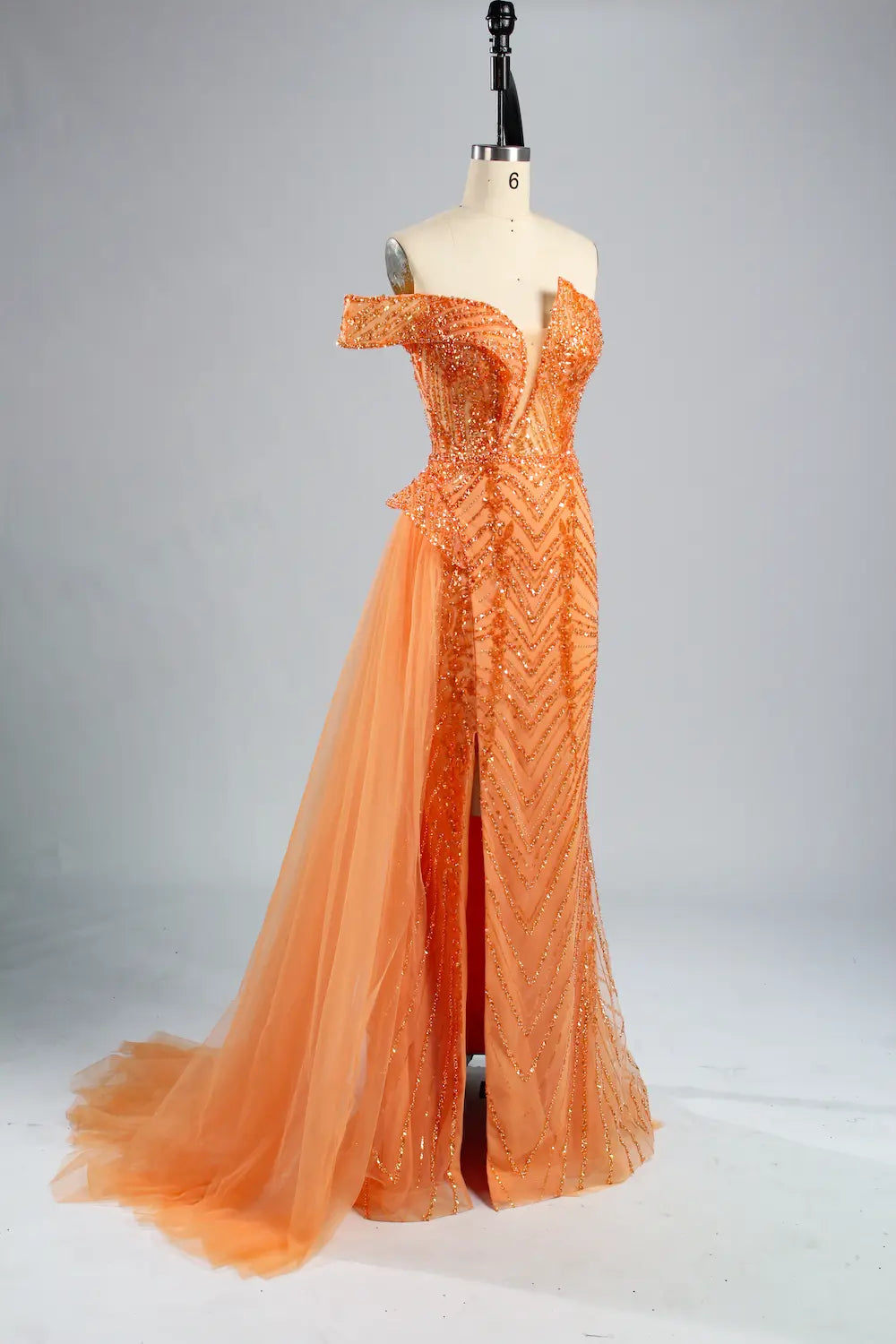 One Shoulder Sequined Orange Evening Dress with Side Train MC120