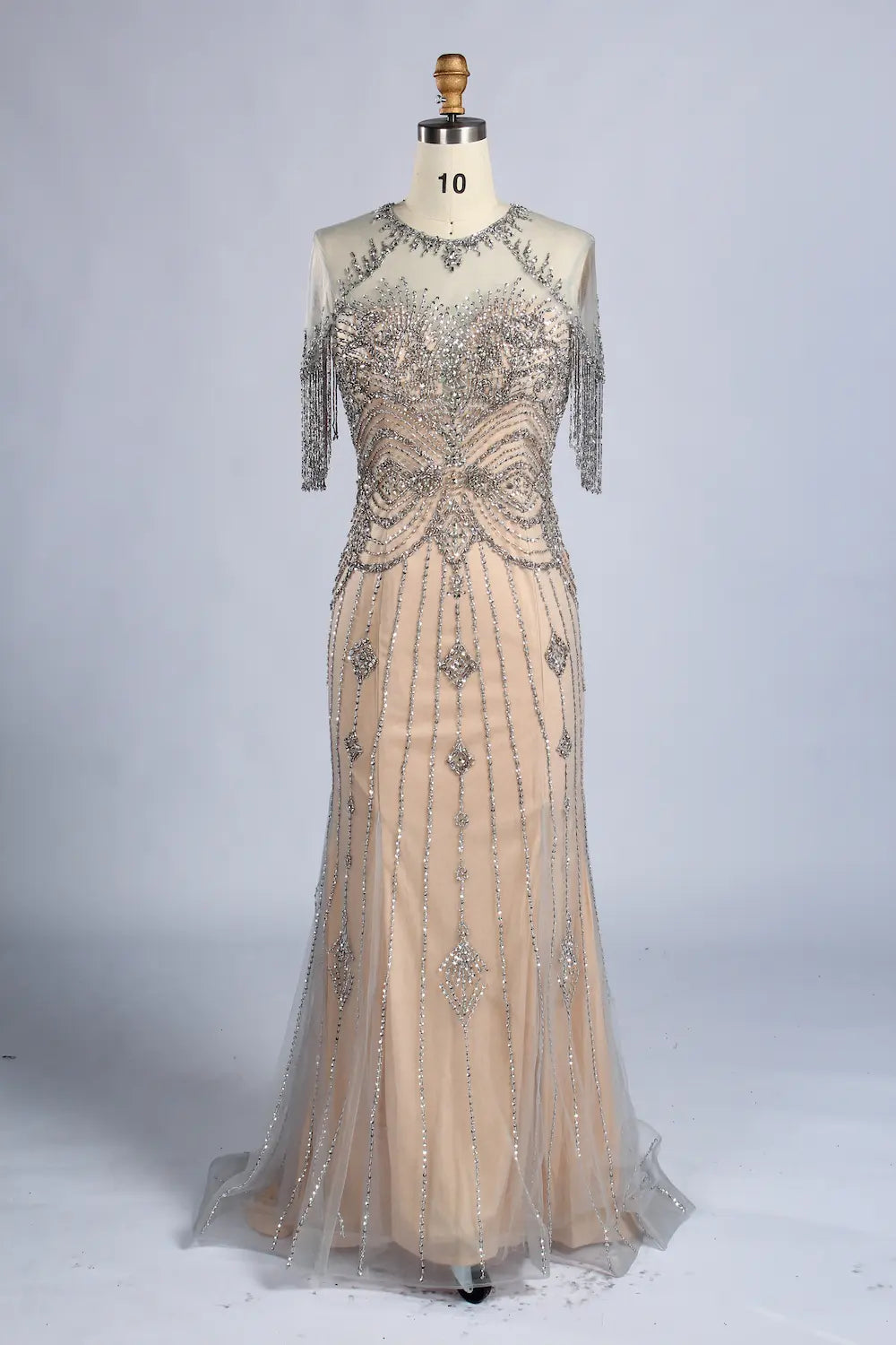 Champagne Beaded Short Fringe Sleeves Mermaid Mother of the Bride Gown MC161
