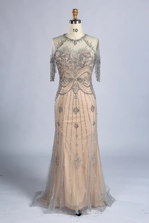 Champagne beaded mermaid gown with short fringe sleeves and lace-like sequin detailing