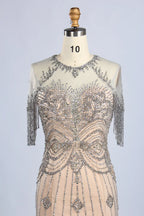 Champagne Beaded Short Fringe Sleeves Mermaid Mother of the Bride Gown MC161