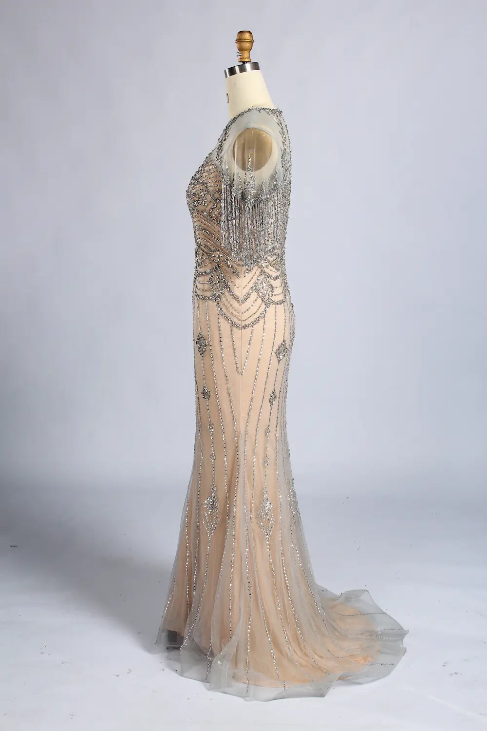 Champagne Beaded Short Fringe Sleeves Mermaid Mother of the Bride Gown MC161