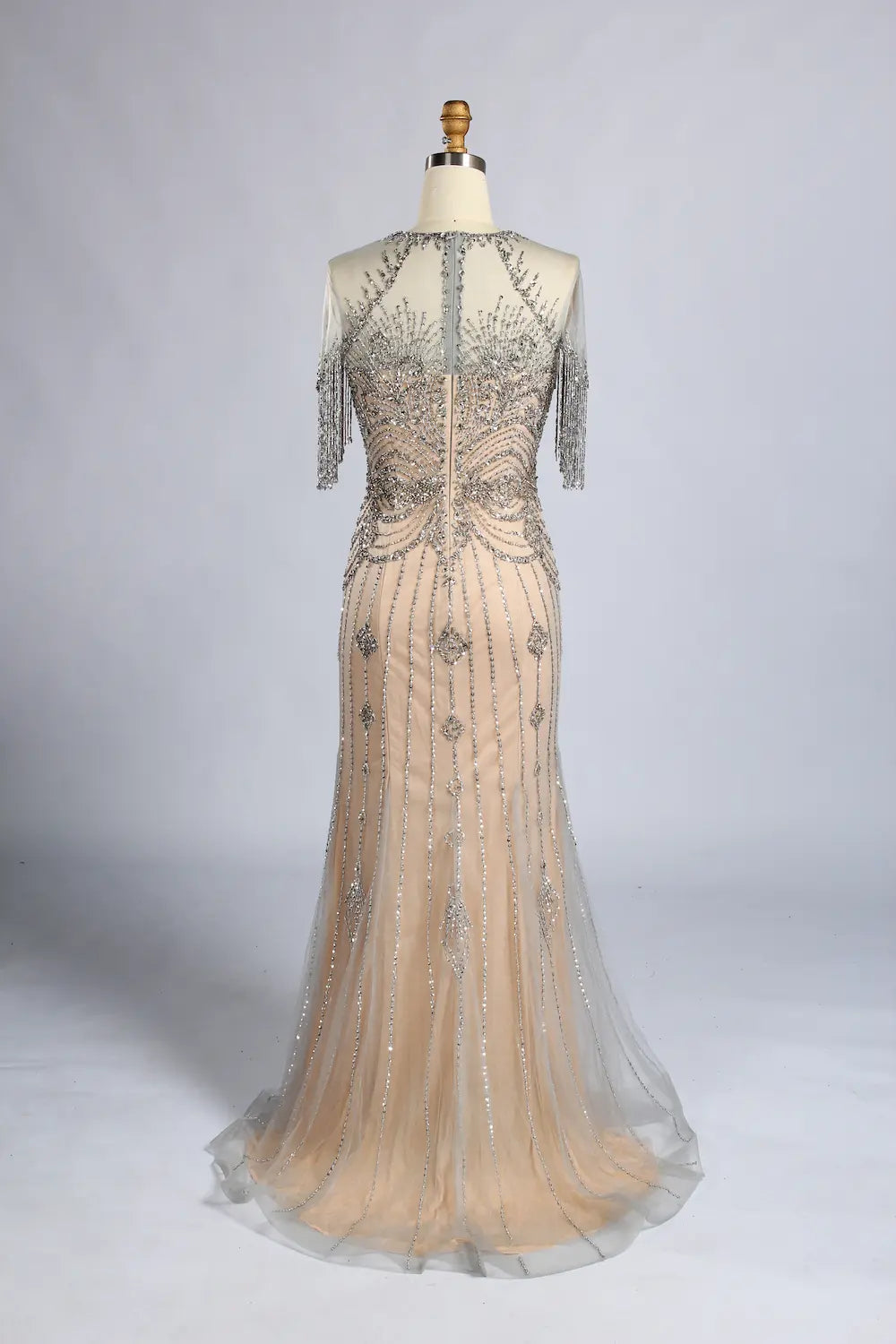 Champagne Beaded Short Fringe Sleeves Mermaid Mother of the Bride Gown MC161