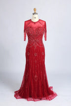Champagne Beaded Short Fringe Sleeves Mermaid Mother of the Bride Gown MC161