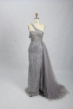 Silver Gray Modern One Shoulder Beaded Mermaid Evening Dress MK098