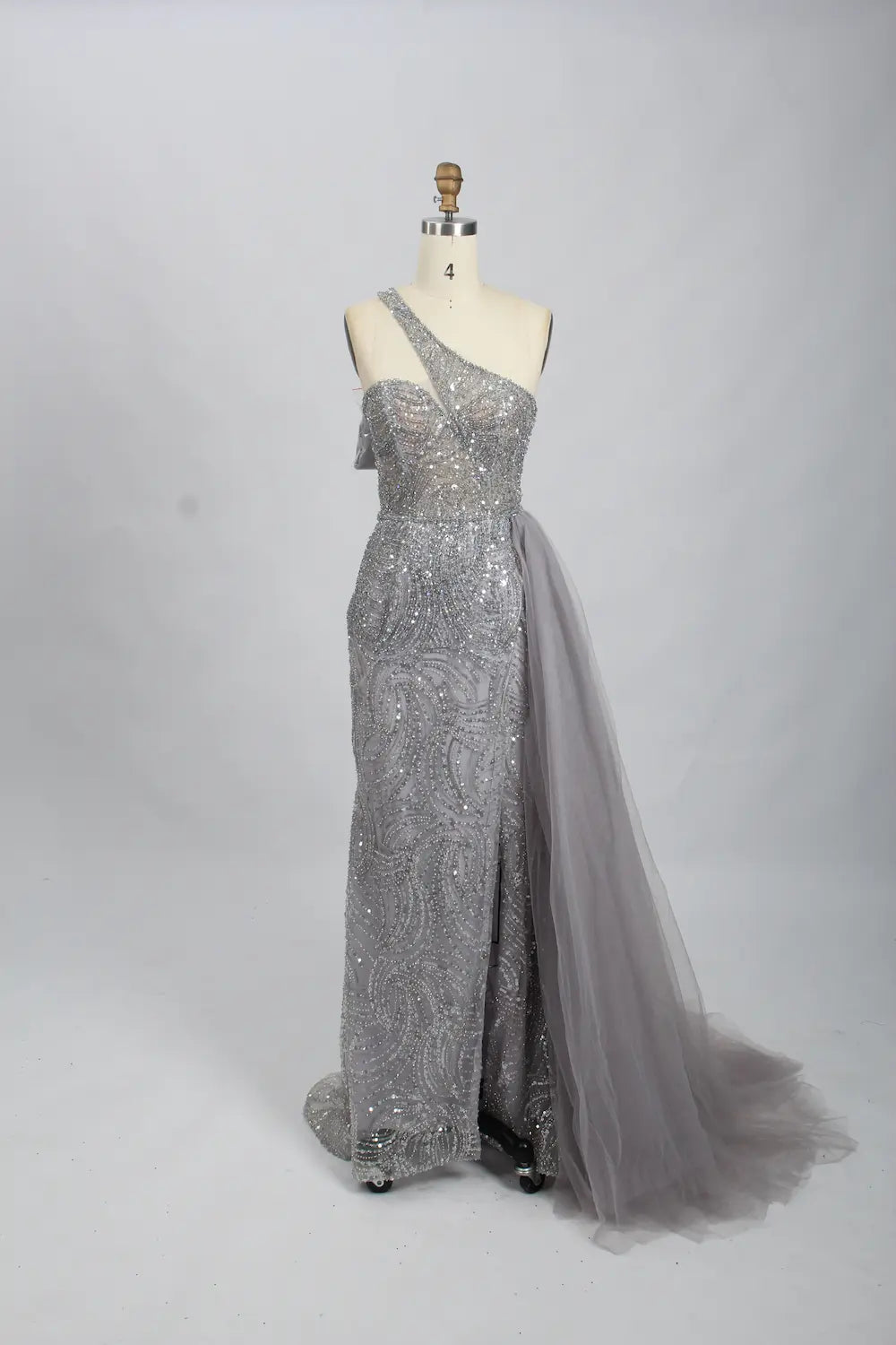 Silver Gray Modern One Shoulder Beaded Mermaid Evening Dress MK098